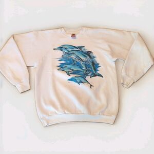 Vintage Dolphin Sweatshirt XL White Blue Crewneck 1988 Air Waves